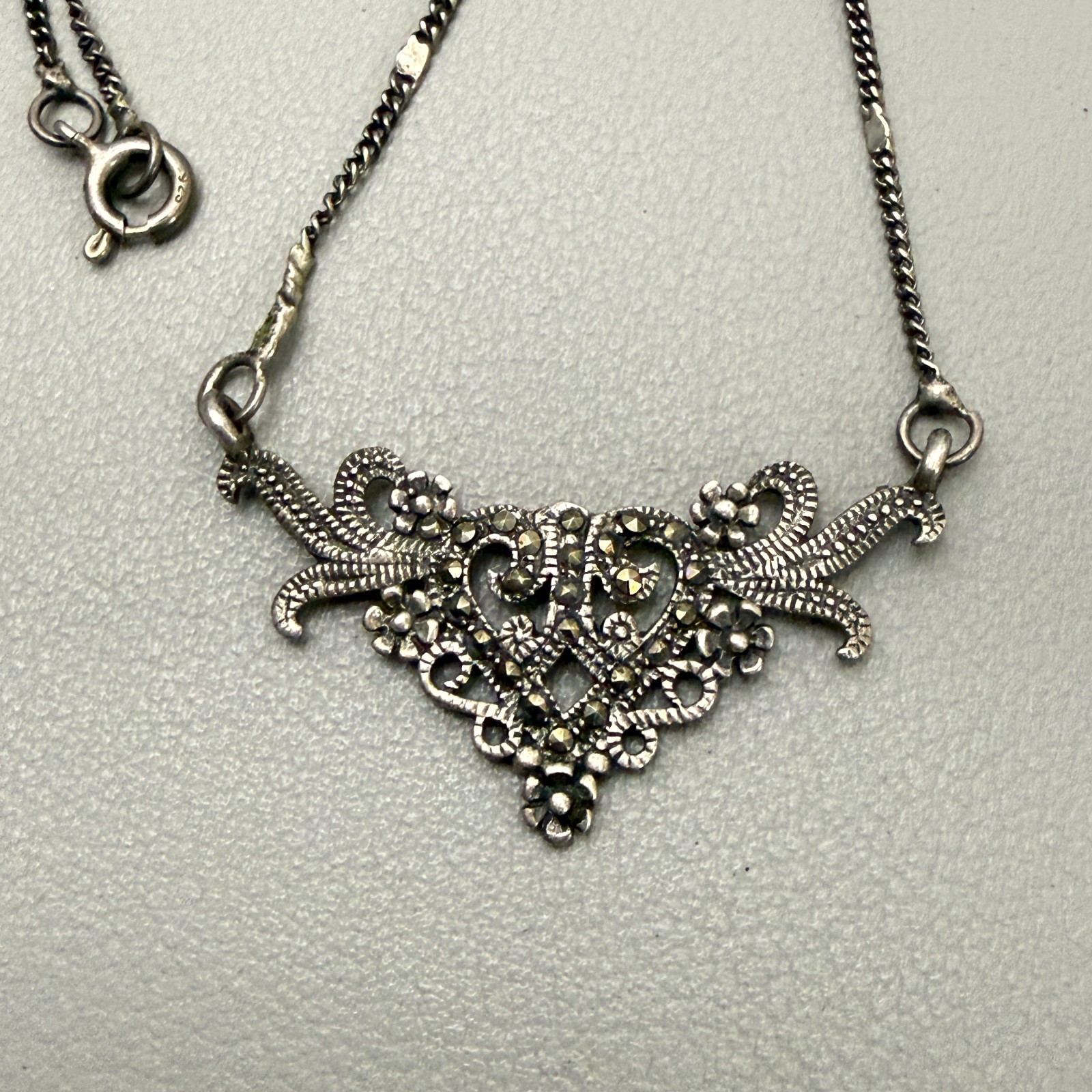 CW 925 Sterling Silver Marcasite Art Deco Style Filigree Necklace Vintage
