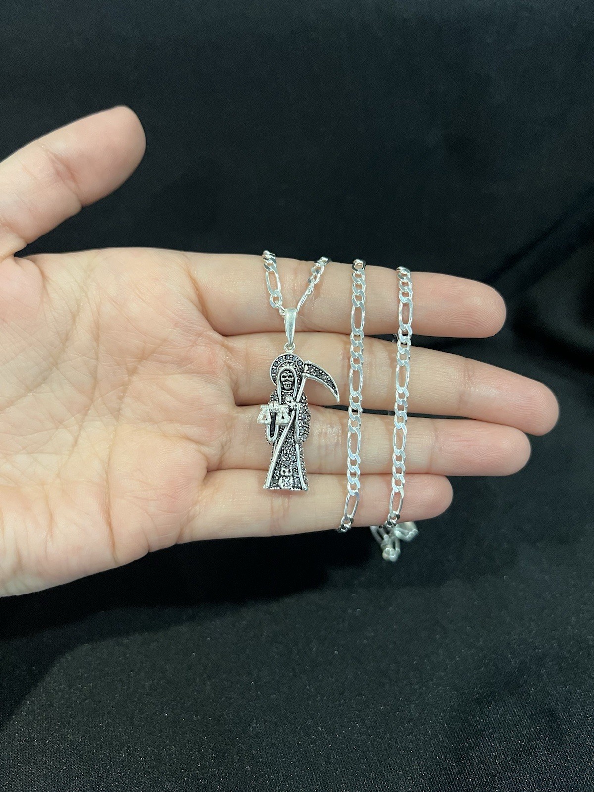 925 Sterling Silver Small Stones Santa Muerte Grim Reaper Figaro Chain 20 22 24