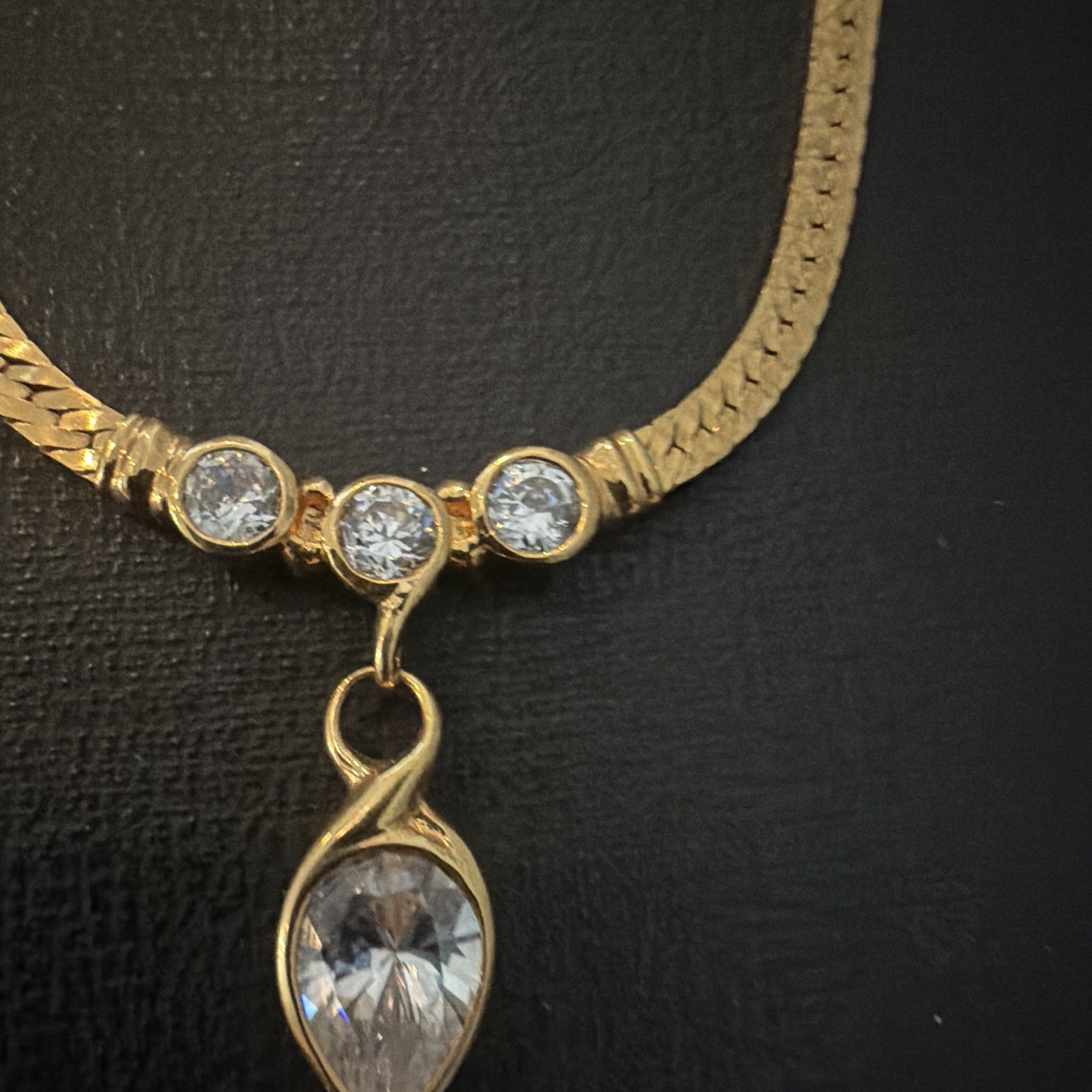 Yellow Gold chip Signed Herringbone Necklace Teardrop Clear Bezel Choker charm.