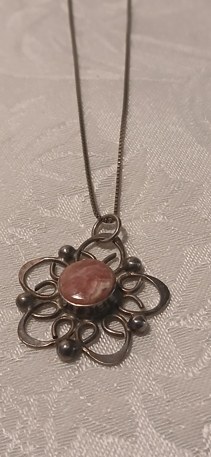 Vintage 925 Indo IBB Silver Coral Filigree Pendant, Chain, Floral, 925 Clasp
