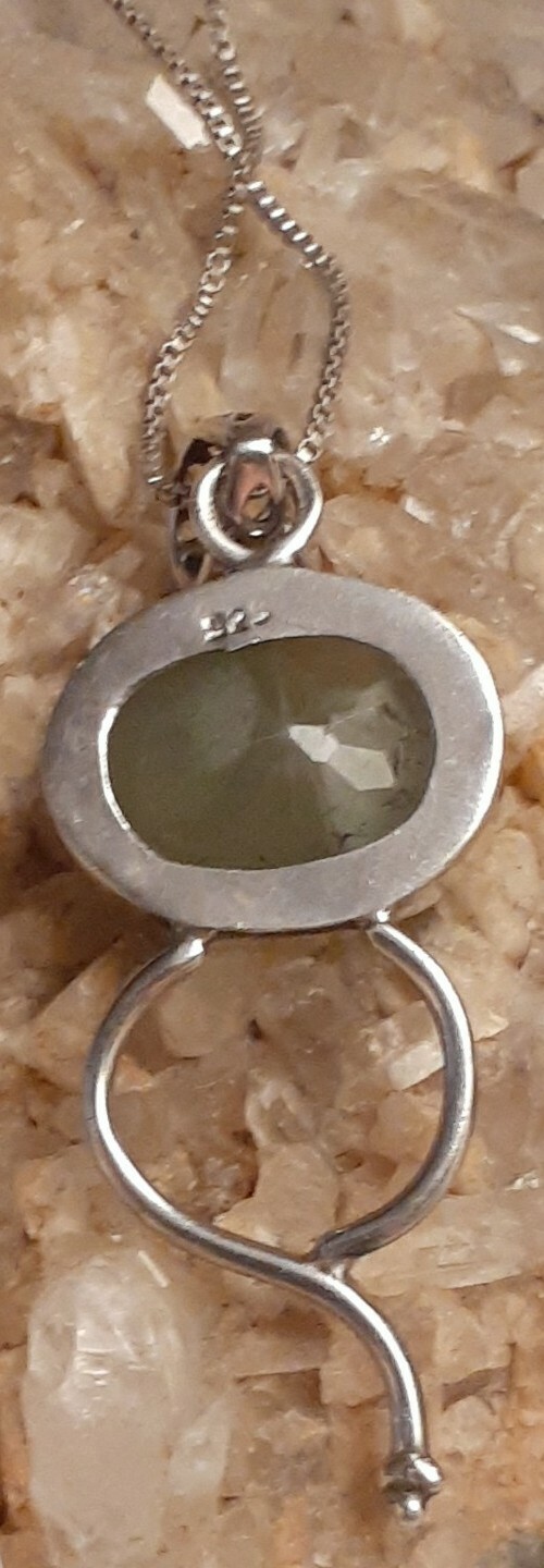 Fine Sterling Silver Prehnite Gemstone 2.25″ Pendant 18″ Box Chain Necklace