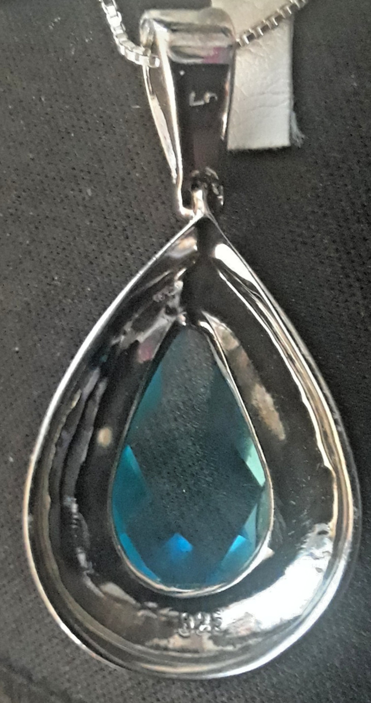 925 Silver Vintage Real Marcasite Gemstone& Blue C Z Teardrop Pendant & Necklace