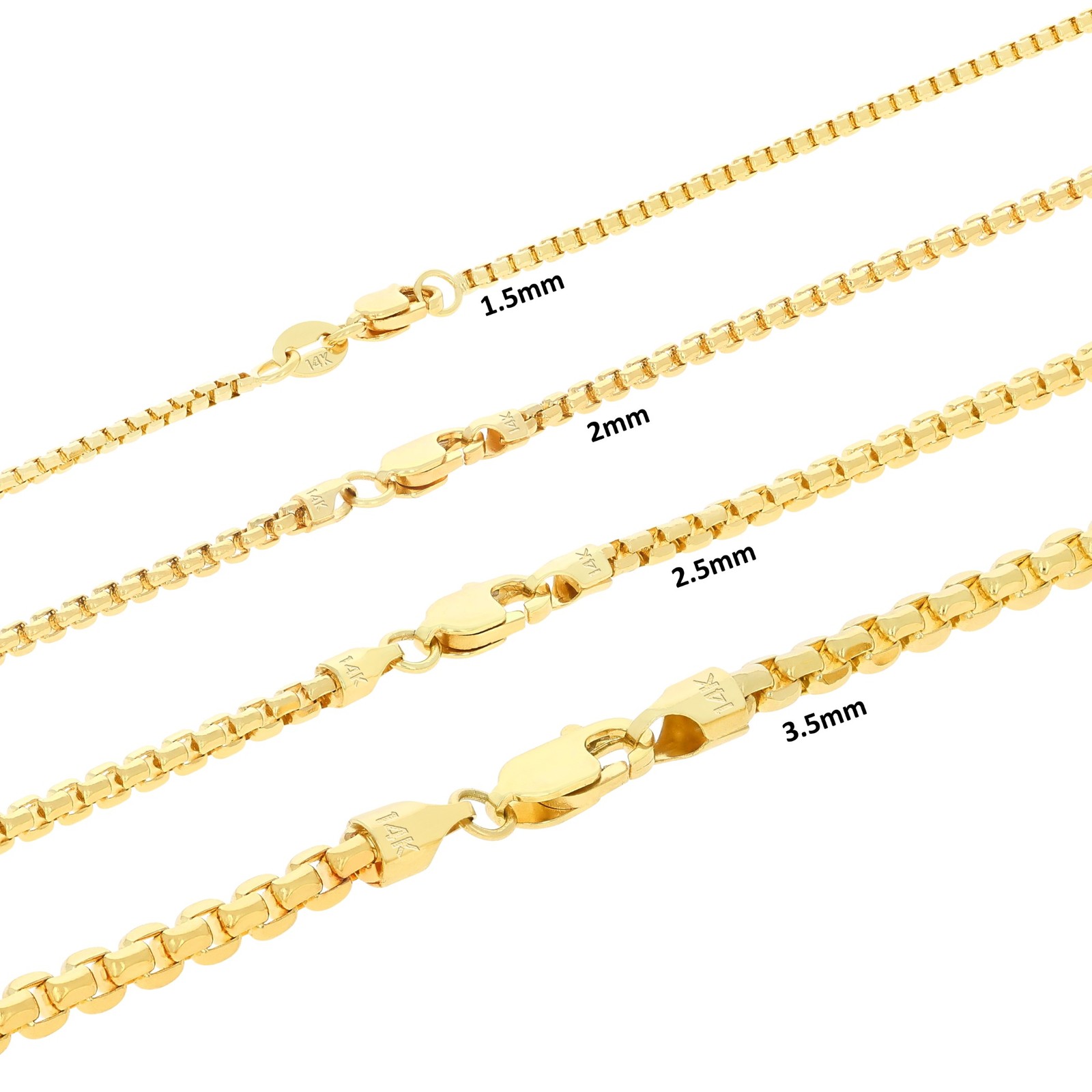 14K Yellow Gold 1.5mm-3.5mm Venetian Round Box Chain Necklace Men Women 16″- 30″