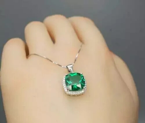 3Ct Cushion Cut Green Emerald Halo Pendant 14k White Gold Finish Free 18″ Chain
