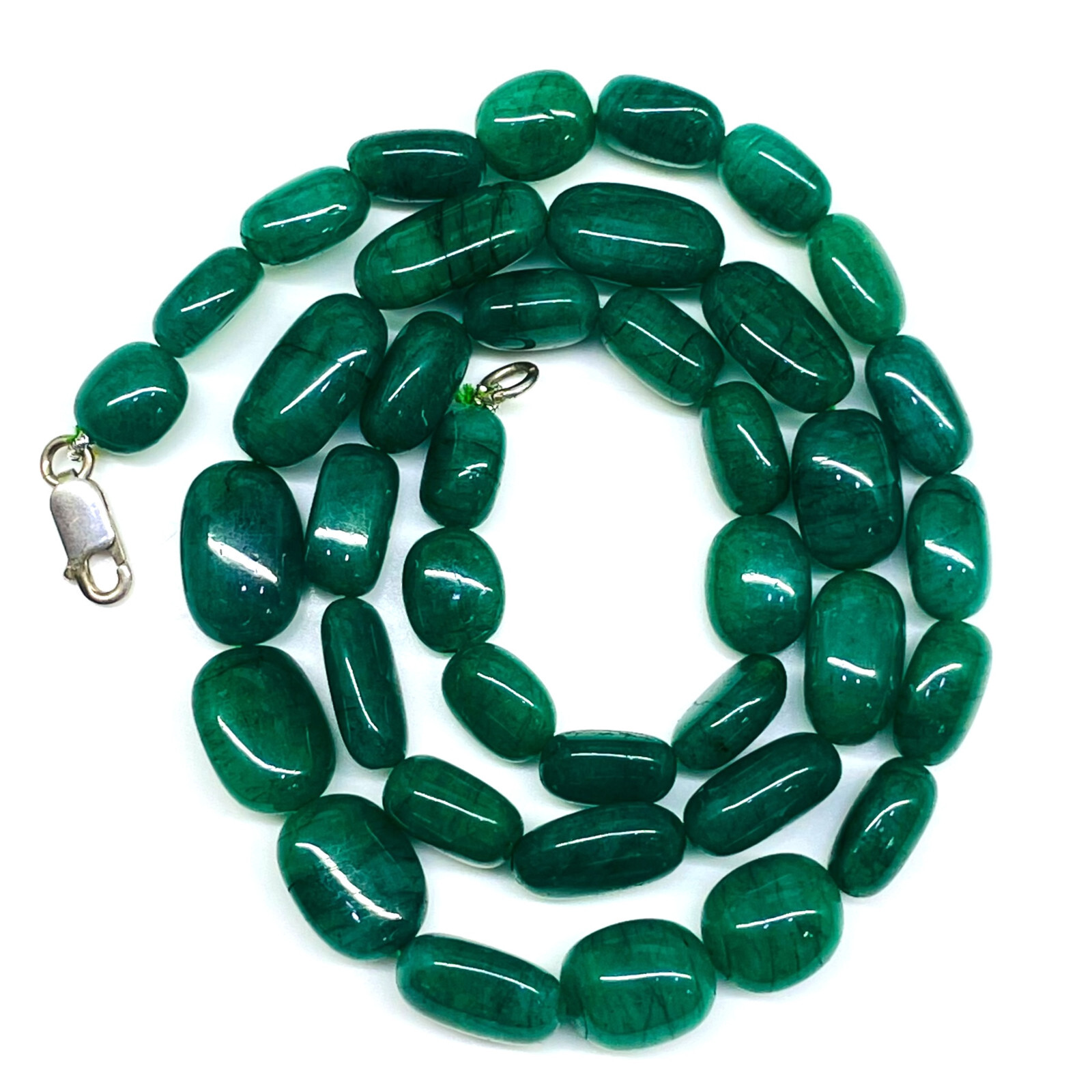 18 Inch Single Strand Natural Emerald 8.5-11.5mm Tumble Beads Necklace 925 Clasp