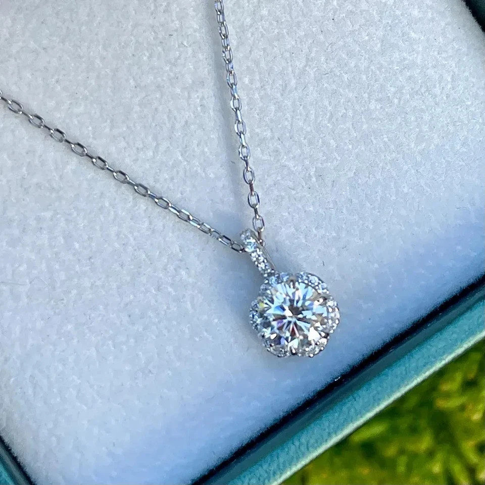 1.5 CT Round Cut Halo Moissanite Wedding Pendant 14K White Gold Plated For Women