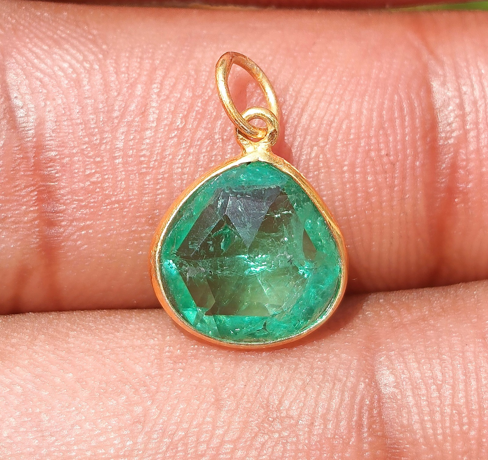 Pear Emerald Gold Charm Pendant -18k Solid Gold Handmade Necklace Gemstone Charm