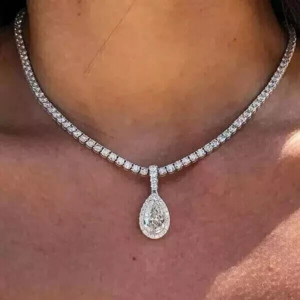 7Ct Pear Lab Created Diamond 16” Inch Tennis Necklace 14K White Gold Plated