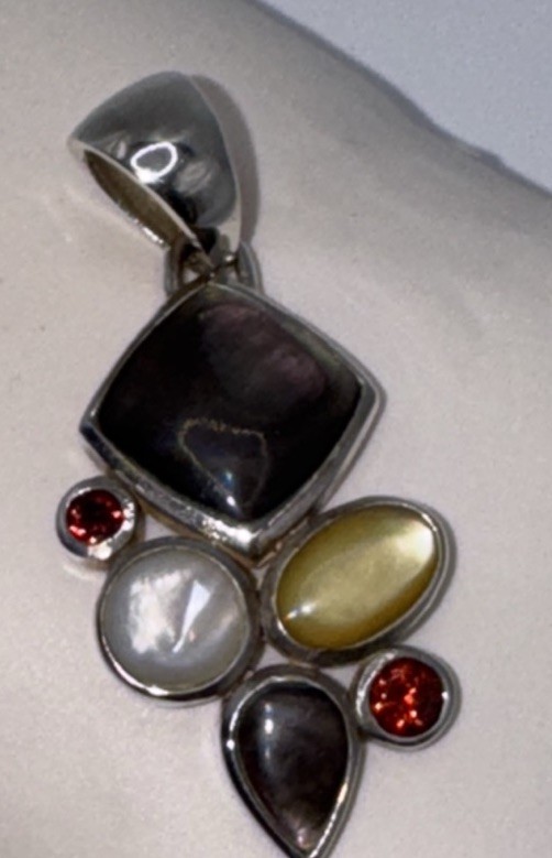 Sterling Silver Multi Gemstone Pendant MOP Cat’s Eye Quartz Garnet Thailand Boho
