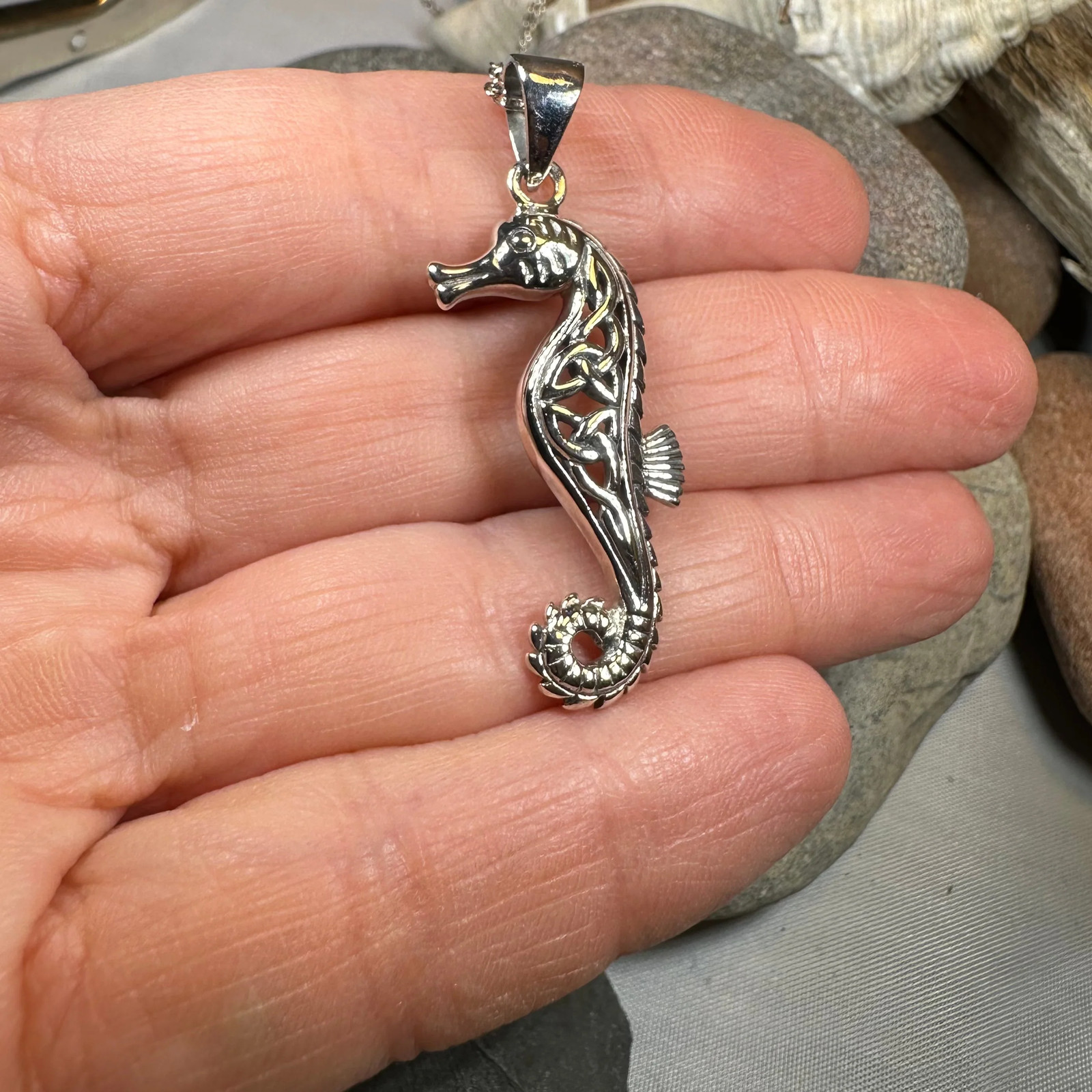 Seahorse Necklace Beach Ocean Large Celtic Ladies Pendant 925 W/FREE CHAIN