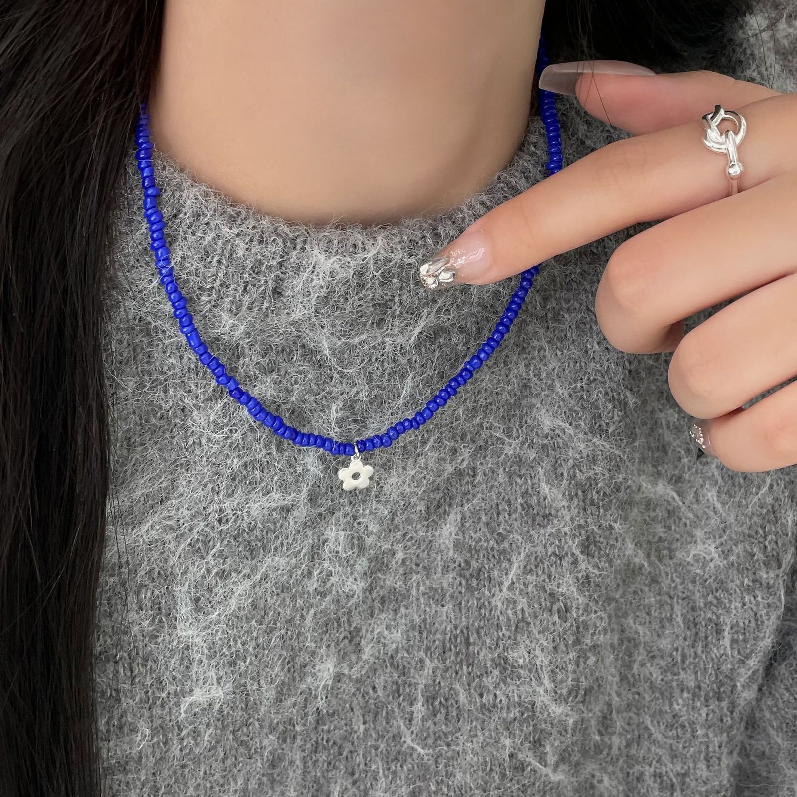 Klein Blue Beaded Choker Necklace S925 Silver Flower Charm Dainty Y2K Jewelry