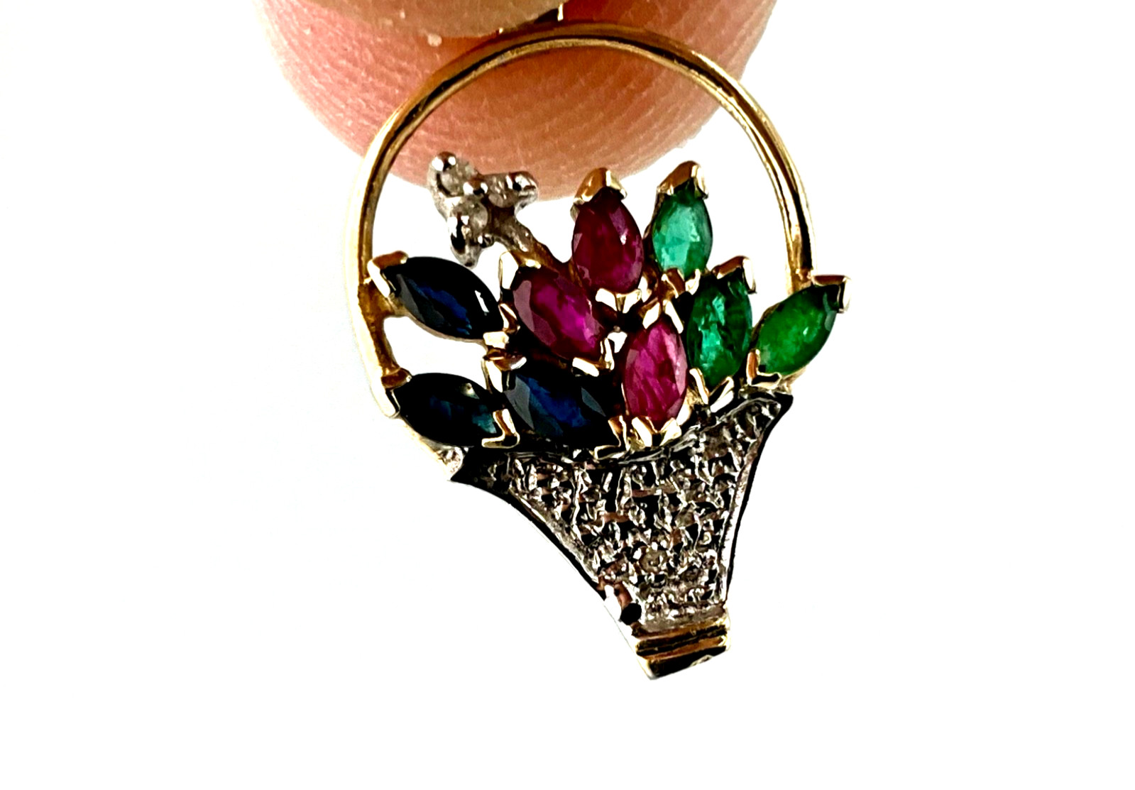 Vintage Minimalist 10k Gold Flower Basket Pendant Ruby Emerald Sapphire Diamond