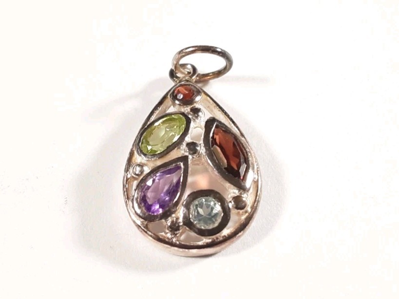 SIGNED AHM 925 STERLING SILVER SMALL GARNET TOPAZ PERIDOT AMETHYST 1″ PENDANT 2g