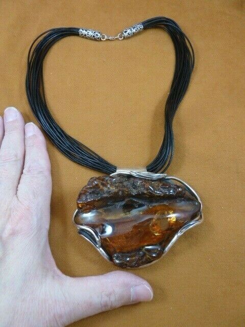 (p80-3) Huge Orange AMBER geometric oval .925 Sterling SILVER PENDANT Necklace