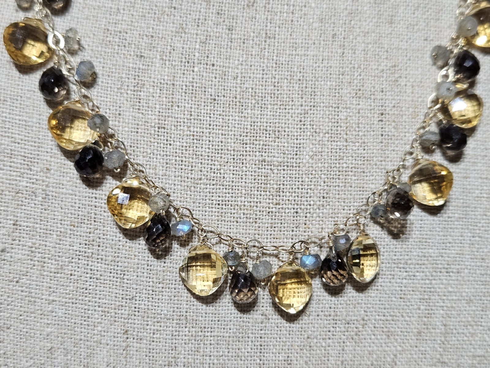 Jewelmak 14K Gold Citrine Smoky Quartz Moonstone Dangle Briolette Necklace 17″