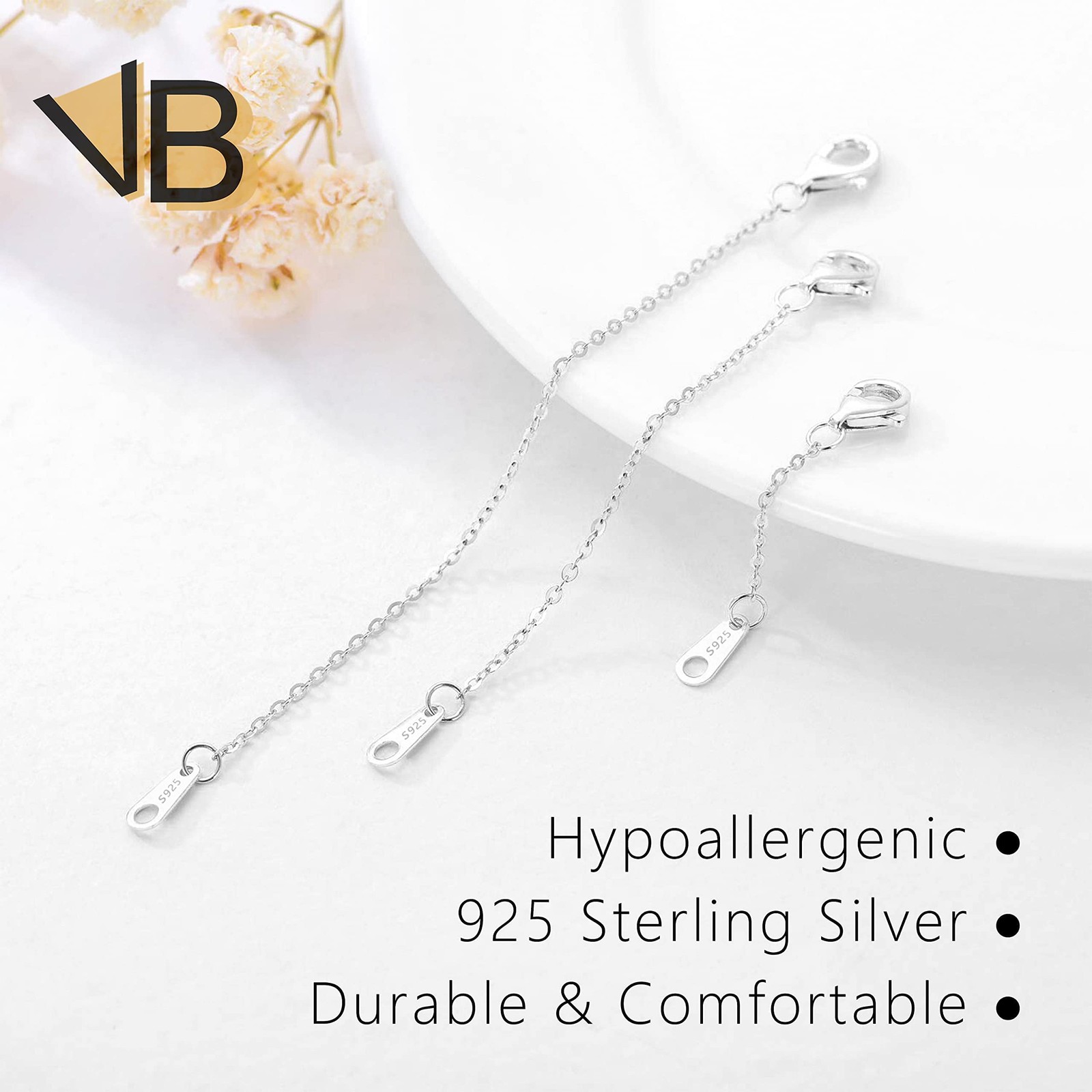 3 Pcs 925 Sterling Silver Necklace Chain Extenders for Bracelet, 1/2/3 Inch