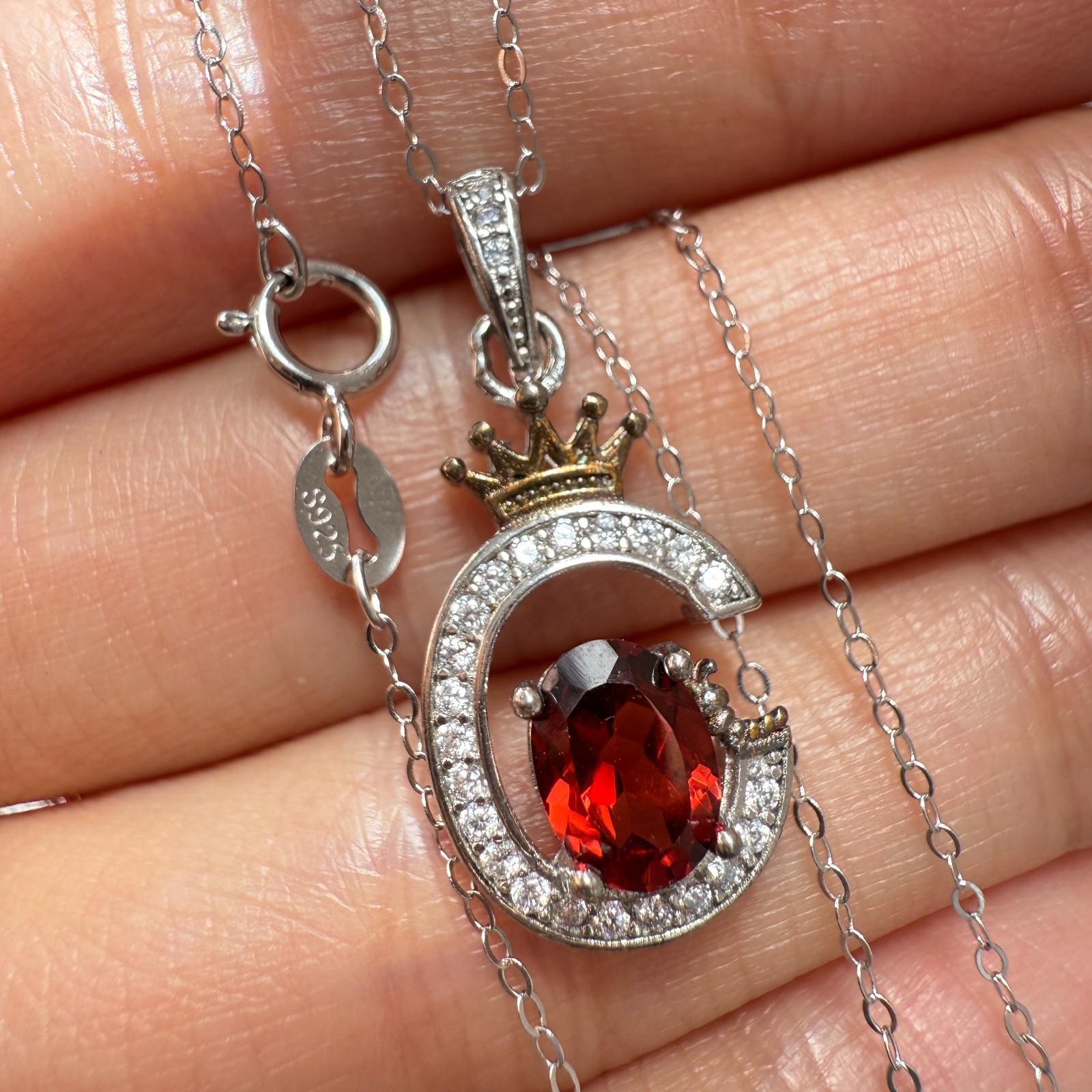 925 Sterling Silver Necklace 7x5mm Natural Garnet Zircon Crown Handmade Chain