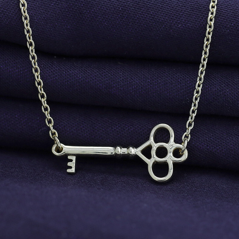Sideways Key Pendant Necklace 14K Yellow Gold Plated Sterlg For Womens 18″ Cha