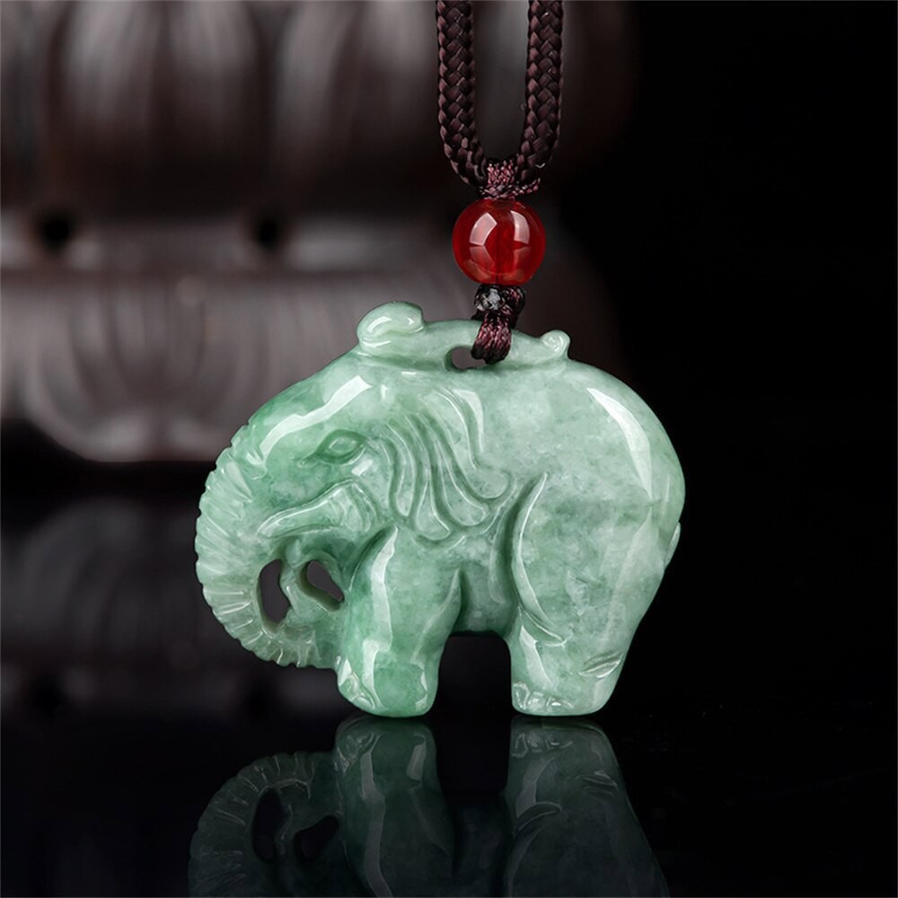 Natural Grade A Jadeite Hand Carved Cute Elephant Amulet Lucky Pendant Necklace