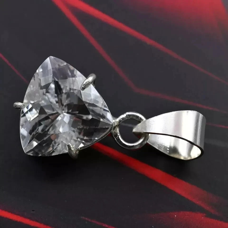 Natural 21 Ct White Sapphire Trillion Cut Loose Gemstone 925 Silver Pendant