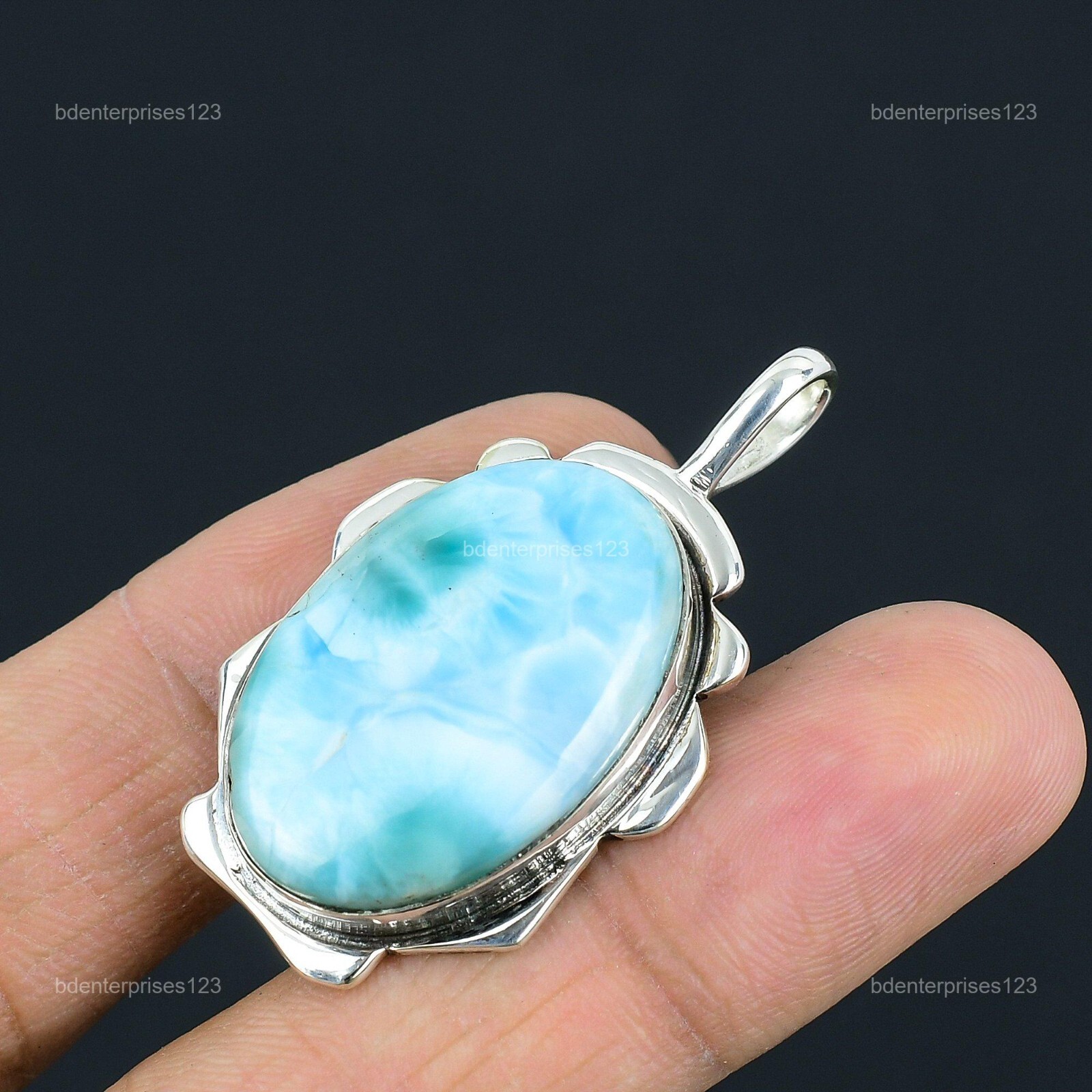 925 Sterling Silver Oval Larimar Gemstone Engagement Anniversary Pendant Jewelry