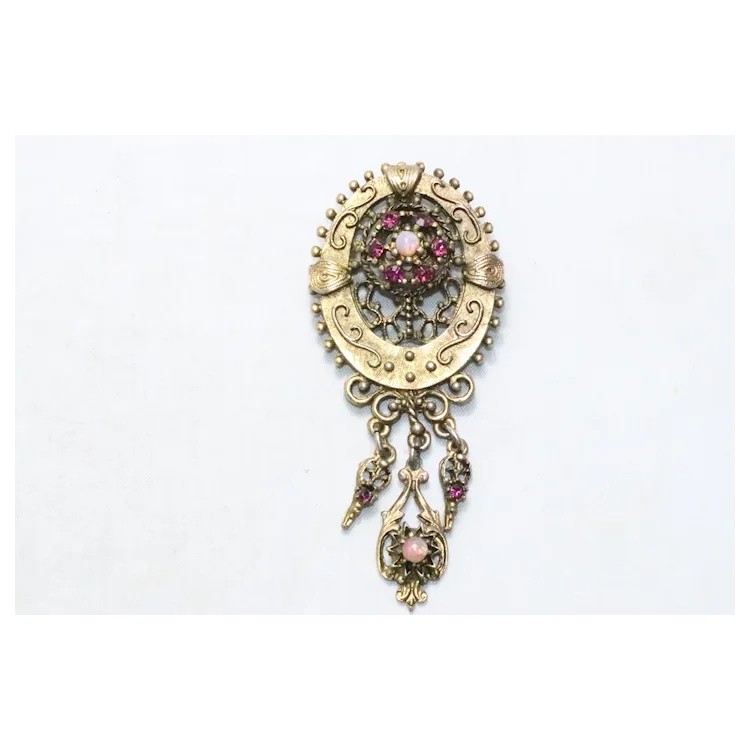 Vintage Costume Pink Rhinestone Opal Dangling Brooch Pendant