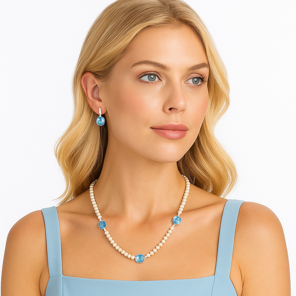 Premium Sky Blue Topaz Briolette & Pearl 925 Silver Beaded Necklace N-1028