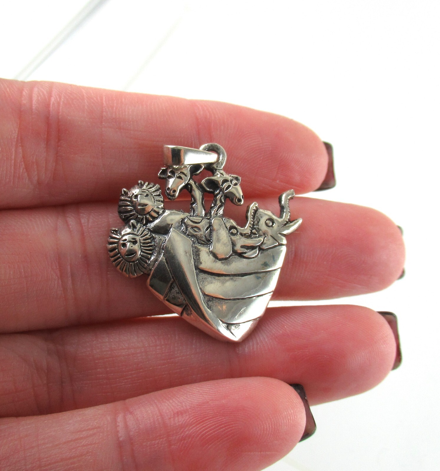 .925 Sterling Silver Noah’s Ark Pendant Cute Religious Boat & Animals