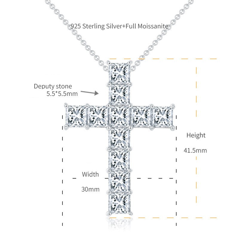 5.5mm Multicolor Prong Moissainte Cross Pendant S925 Sterling Silver Necklace