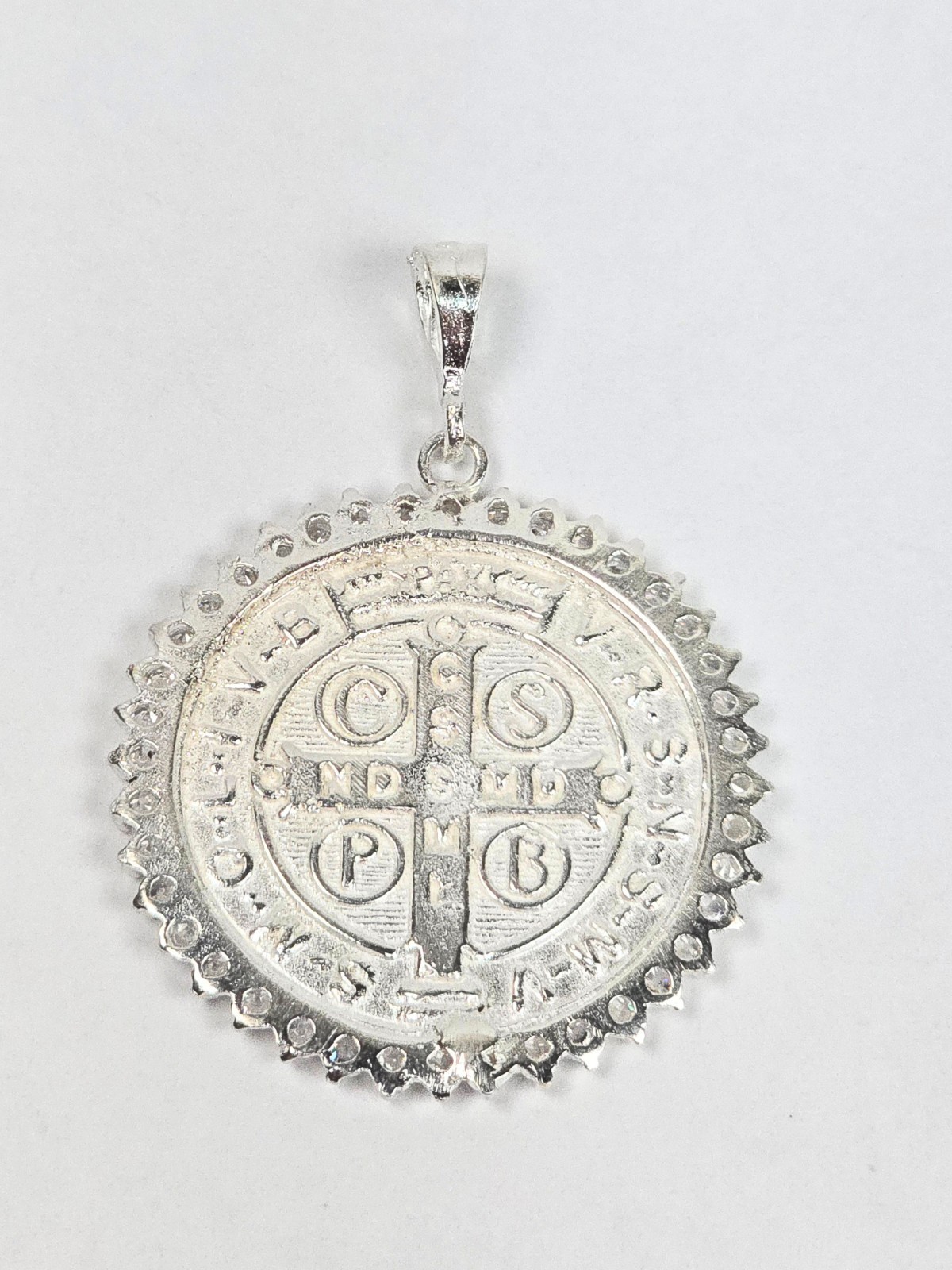 Saint Benedict Medal Pendant CZ Large San Benito 925 Sterling Silver 37mm