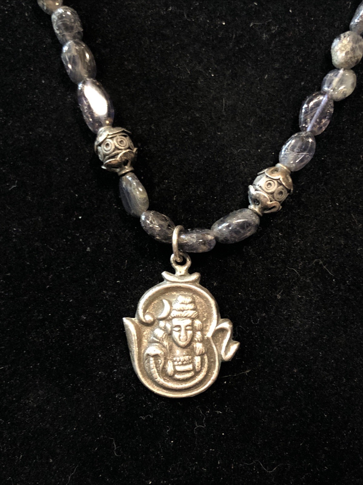 Sterling Silver 925 Buddha Pendant Purple Stone Necklace Ornate Accents
