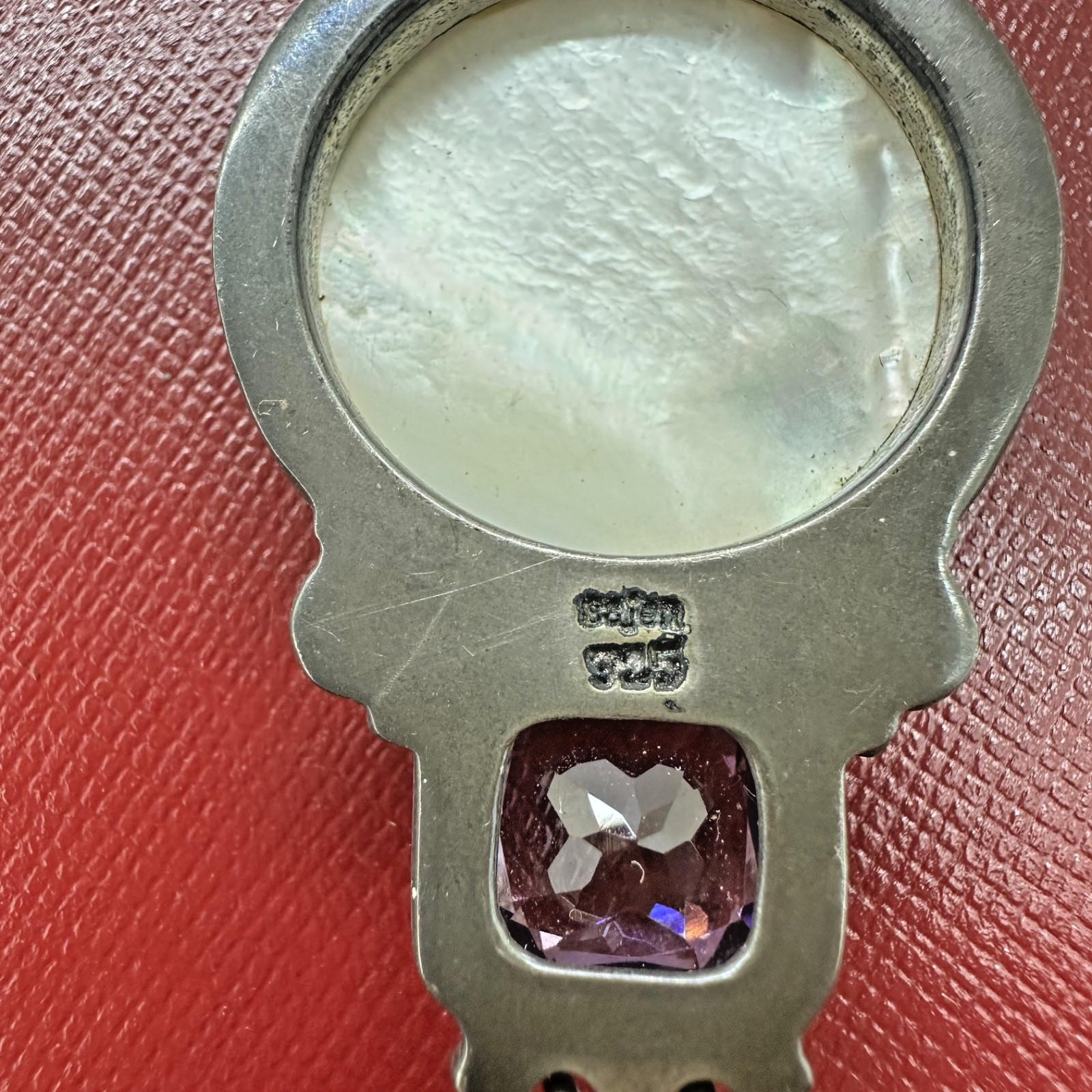 SAJEN STERLING SILVER CARVED MOP CAT AMETHYST & ROSE QUARTZ DANGLE PENDANT