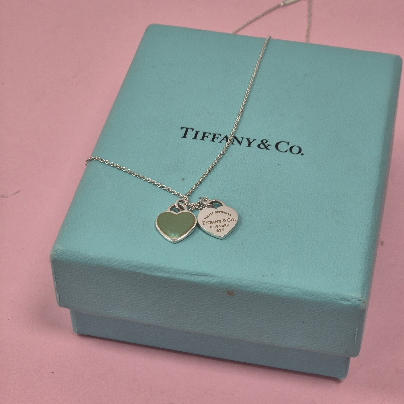 Tiffany & Co Return To Double Mini Green Enamel Heart Silver Necklace Sz 16″#2