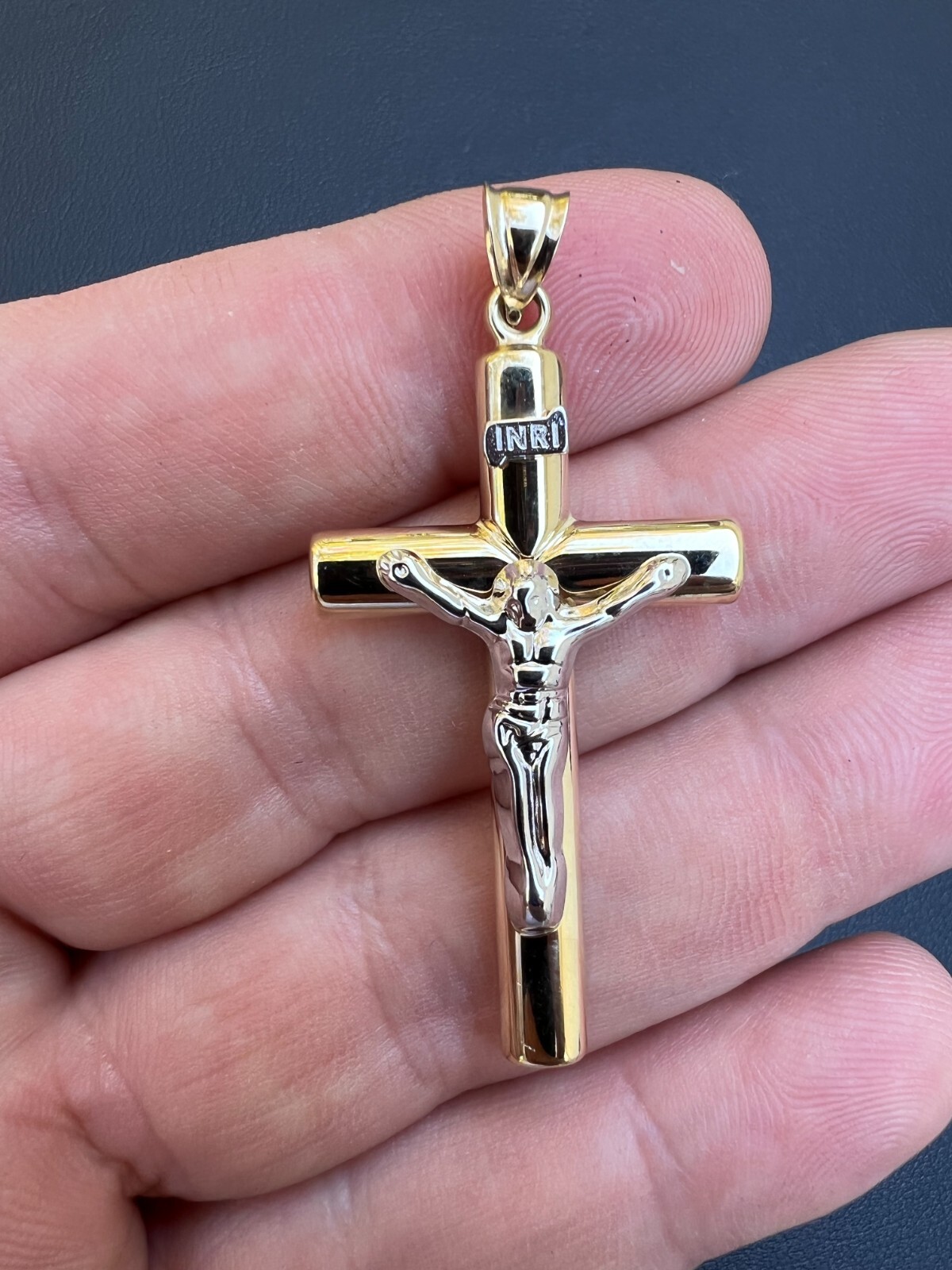 Large 1.85″ Real 14k Yellow & White Gold Cross Jesus Crucifix Pendant Necklace