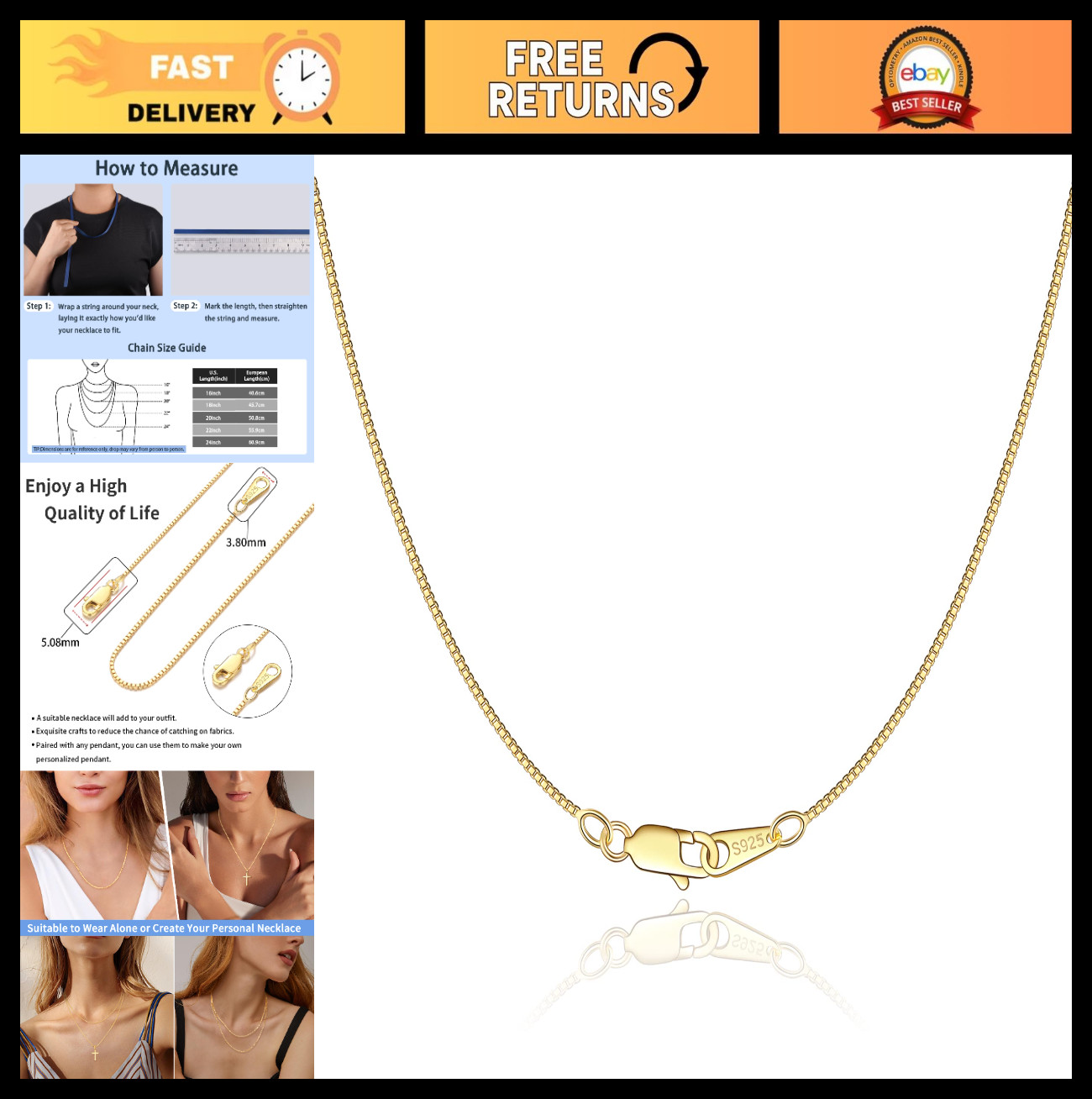 18K Gold Plated 925 Sterling Silver Box Chain Necklace for Women, Thin & Strong,