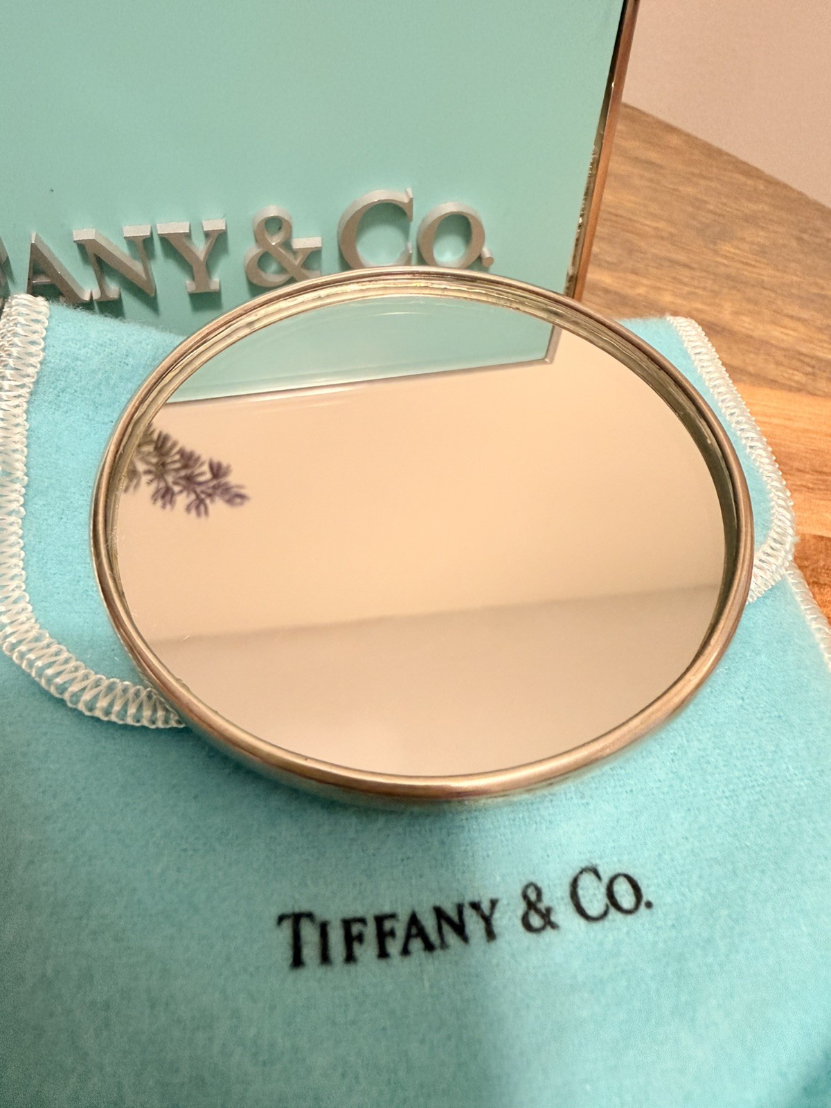 Tiffany & Co. Leaf Compact Mirror Silver Plate w/ Pouch Vintage Makeup Mirror