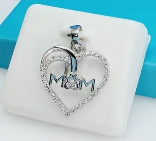 1.40Ct Round Cut Real Moissanite Heart Mom Pendant 14K White Gold Plated Silver
