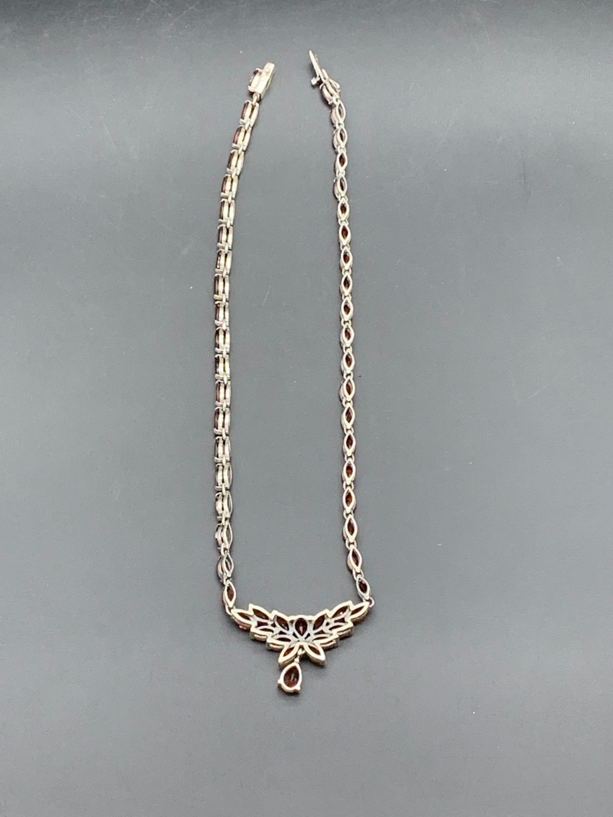 NF 925 STERLING SILVER GARNET COCKTAIL TENNIS DROP NECKLACE (671)