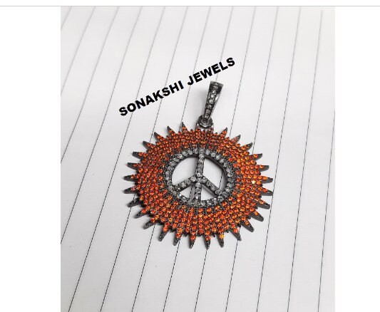 Pave Diamond Peace Sign Pendant: Orange Cubic Zircon, Sterling Silver Pendant