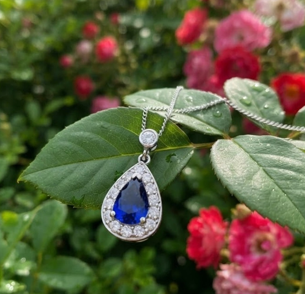0.50ct Natural Round Diamond 14k BIS Hallmarked White Gold Sapphire Pendant