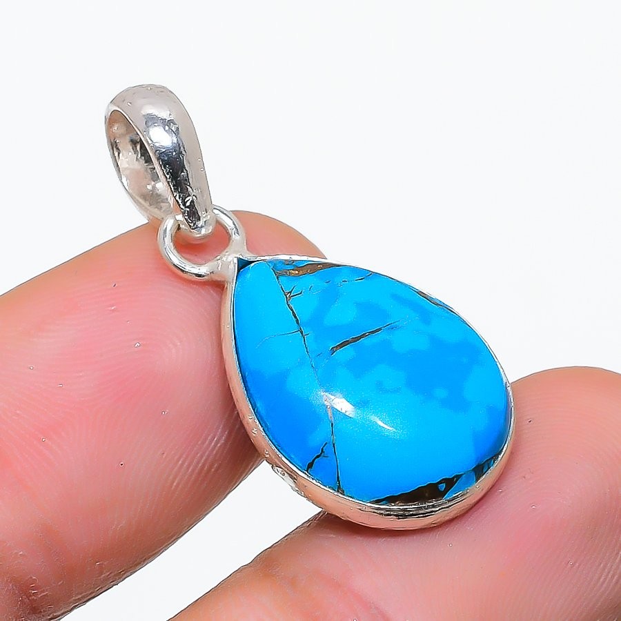 Tibetan Turquoise Gemstone 925 Solid Sterling Silver Jewelry Pendant 1.22″ F757