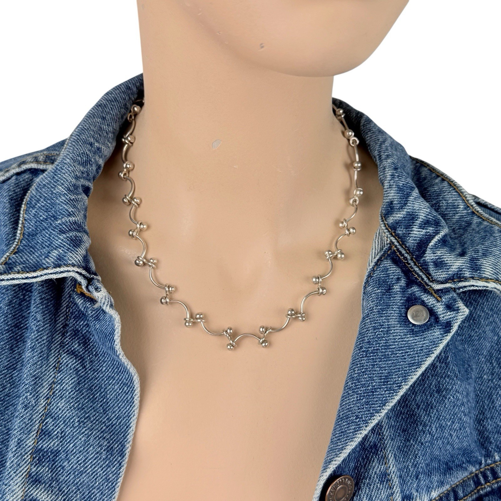 Sterling Silver 925 Curved Bar & Ball Link Necklace Modernist Toggle Clasp 33+g