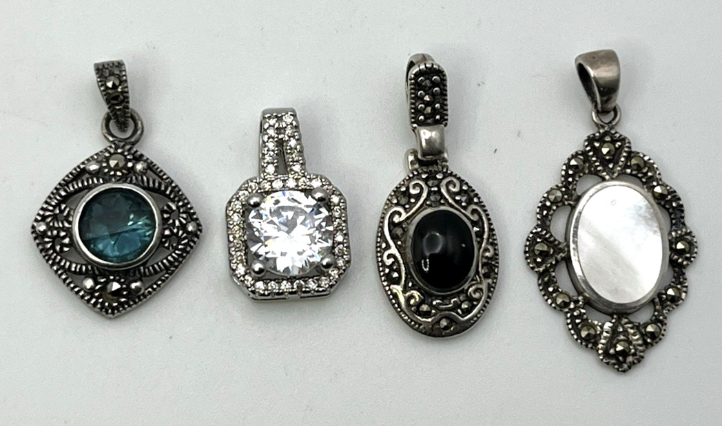 4 UPSCALE MARCASITE PAVE PENDANT Lot Black ONYX MOP Sterling Silver 925 POSH