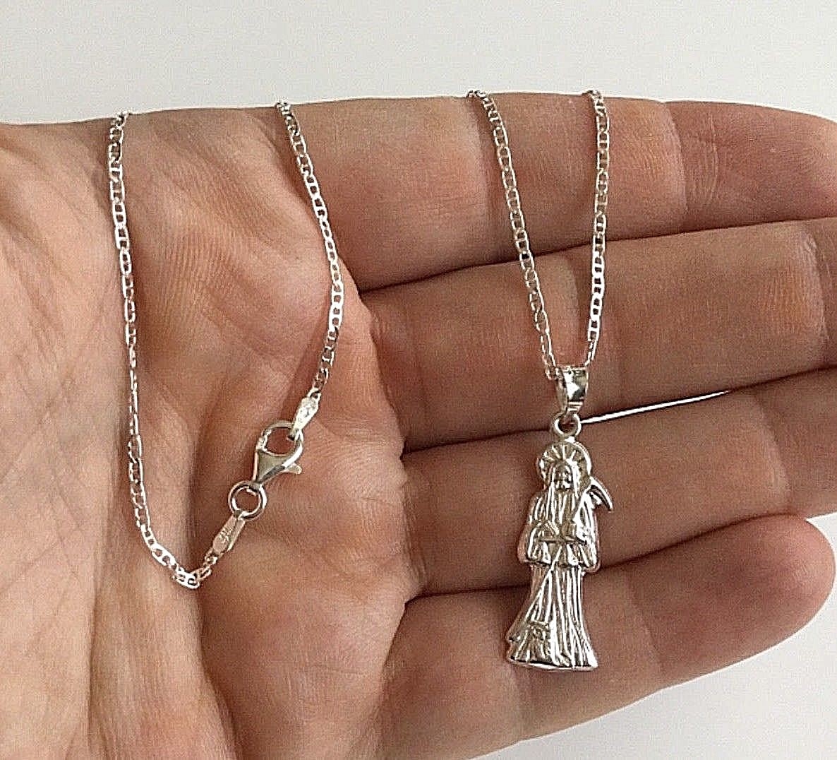 925 PLATA CADENA DE LA SANTA MUERTE 20″ LARGO/ GRIM REAPER NECKLACE 20” 32x10mm
