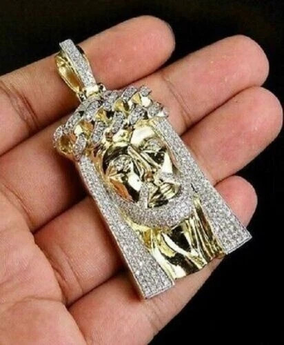 1.10Ct Lab Created Moissanite Jesus Face Pendant Real 10K Yellow Gold Chain