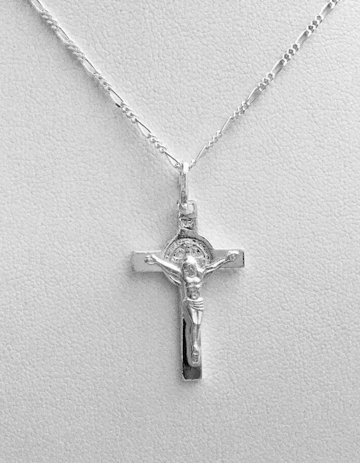 925 Silver Saint Benedict Cross Necklace 20″/Cadena San Benito Cruz plata- ESP14