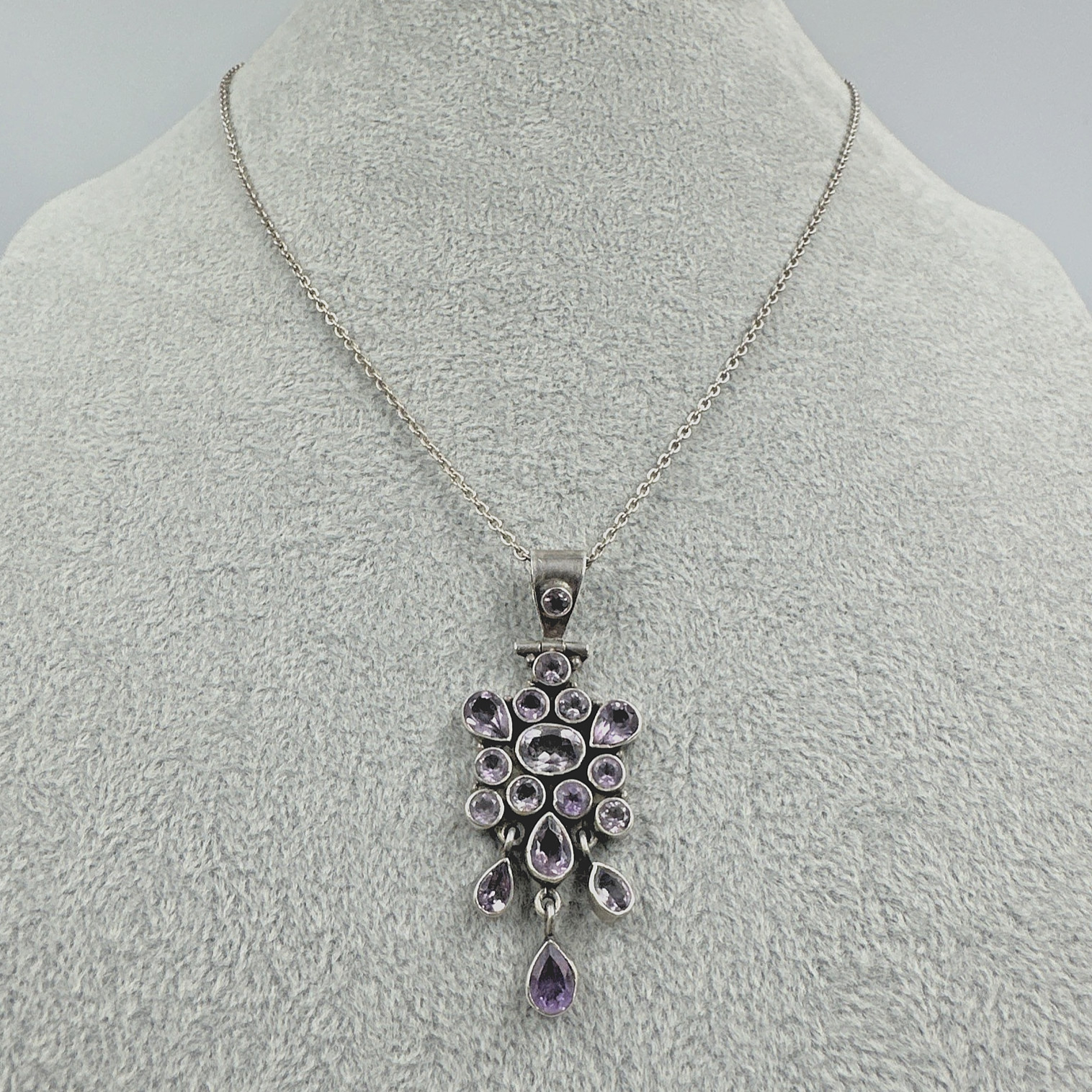 Vintage Amethyst Handmade Sterling Silver Cluster Pendant on 18″ 925 Necklace