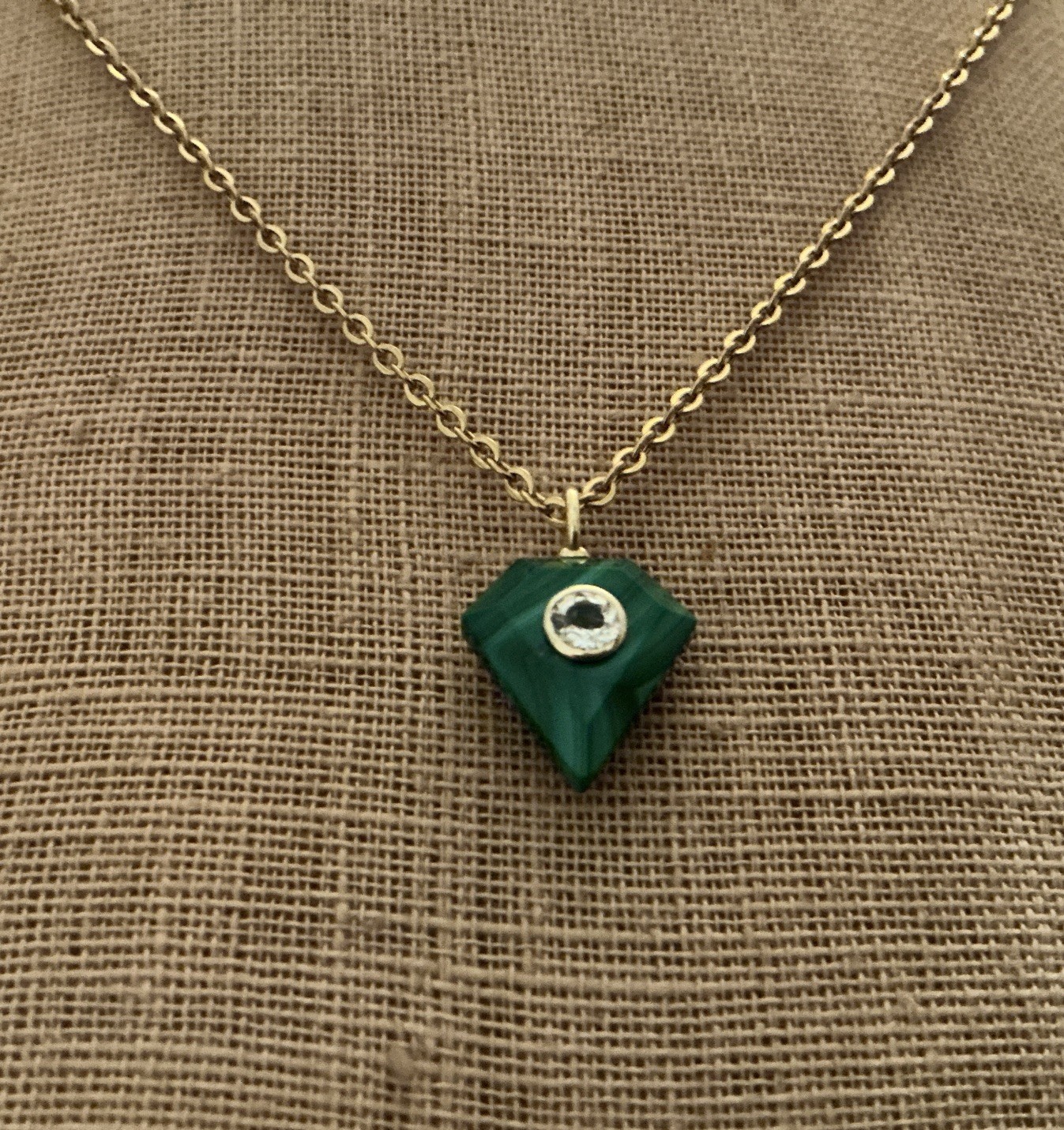 NEW Artisan Handmade GP Sterling Shield Malachite Bezel Topaz Stainless Necklace