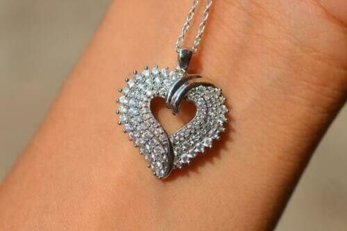 2 Ct Round Cut Diamond Cluster Heart Love Pendant Solid 14K White Gold Finish