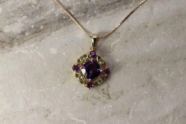 Lovely 1.50CT Cushion Lab Created Amethyst Pendant 14K Yellow Gold Plated Chain